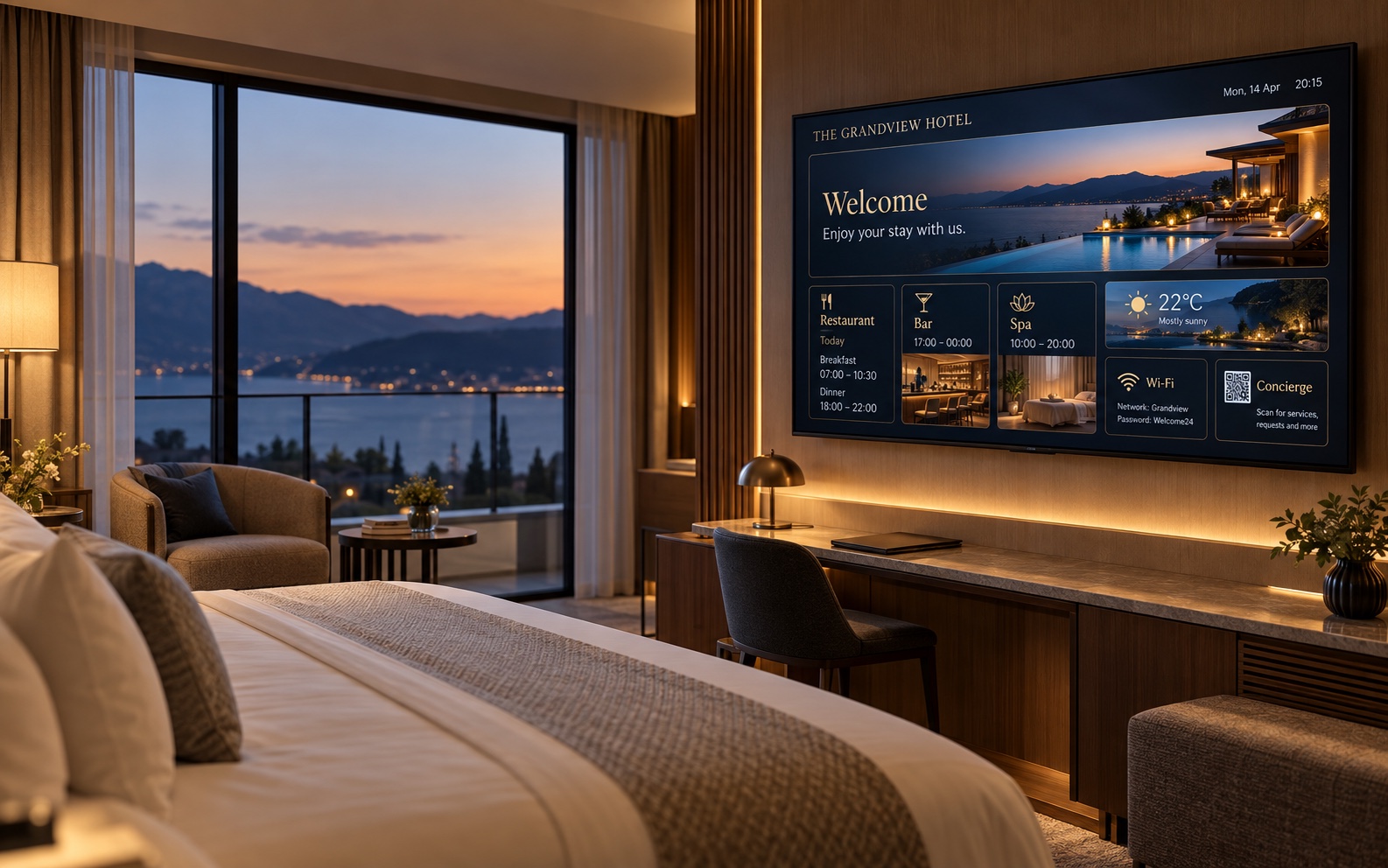 Fotorealistisches Hotelzimmer mit Vista-Board Hotel-TV als Projekt- und Lobby-Display